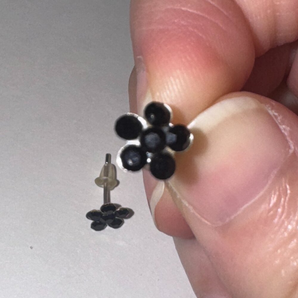 7mm Black Flower Cz And Sterling Post Earrings